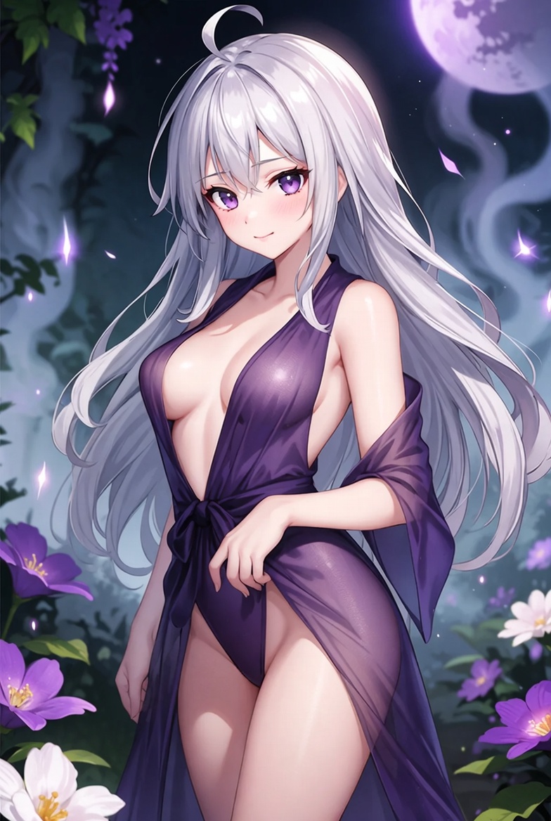 Purple-haired Anime Girl in Purple Dress