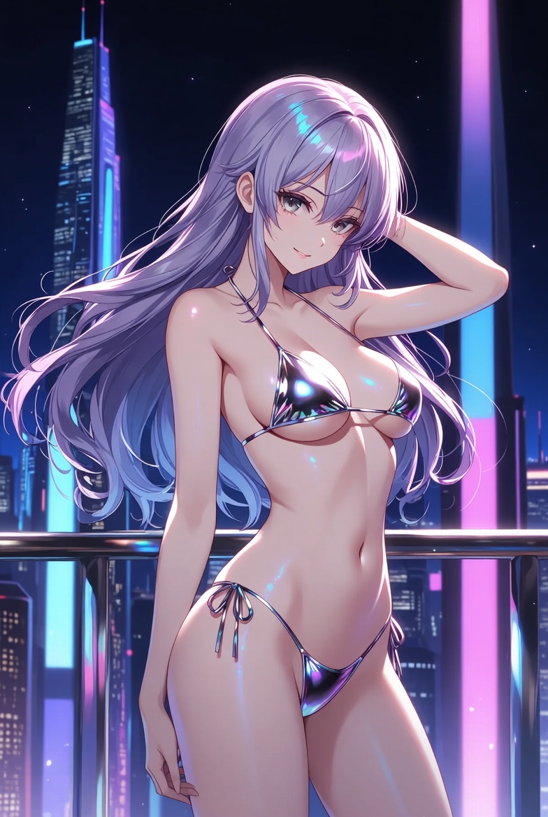 Anime girl in a bikini posing in a cityscape at night
