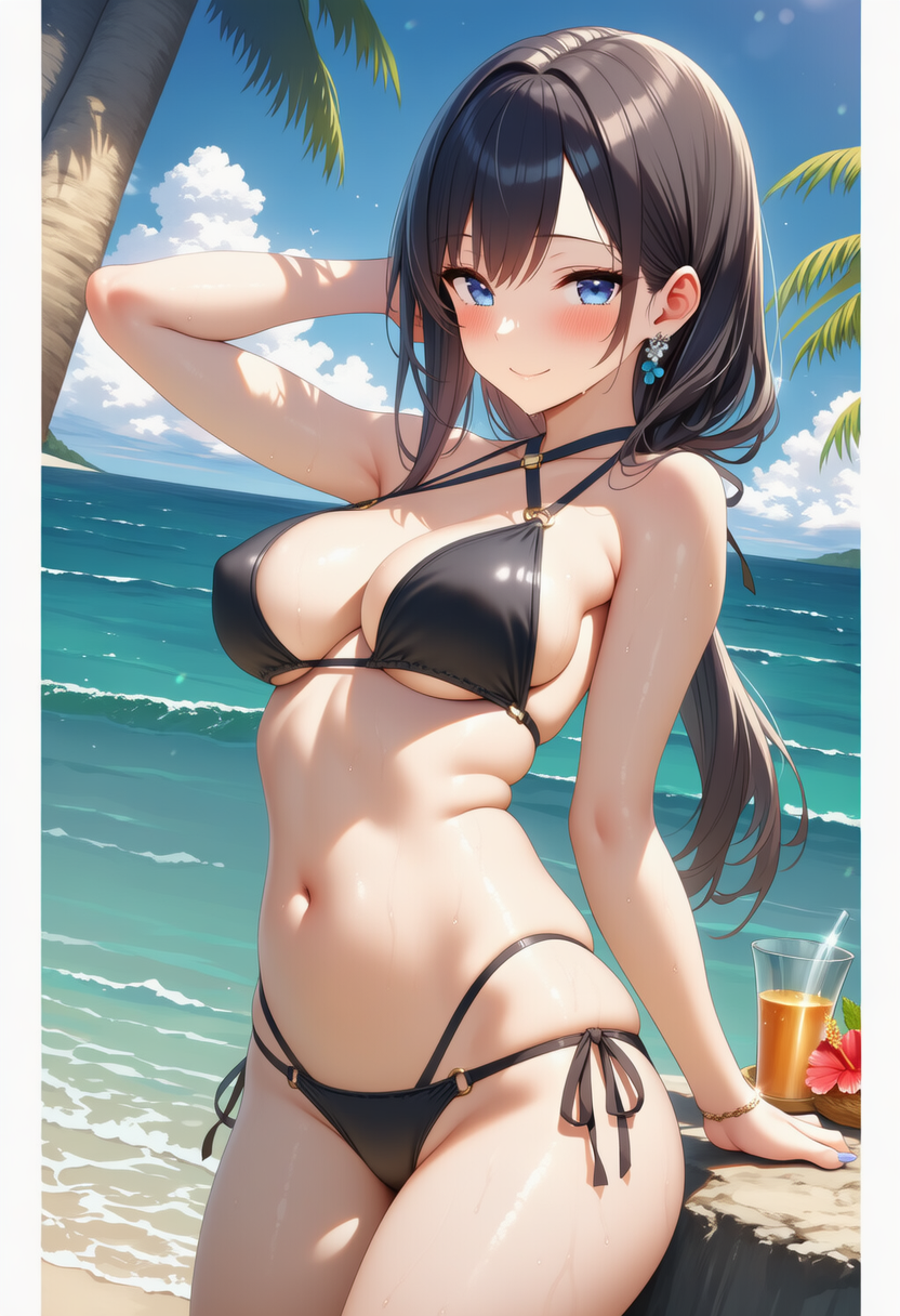 Anime girl in black bikini on beach